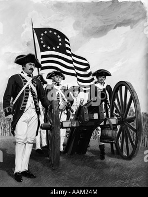GROUP OF FOUR REVOLUTIONARY WAR SOLDIERS MEN STANDING AROUND CANNON WITH FLAG OF ORIGINAL THIRTEEN COLONIES 1776 GUN CREW Stock Photo