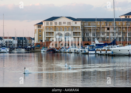 Sovereign harbour in Eastbourne East Sussex boats moored in front of exclusive new build flats and apartments Stock Photo
