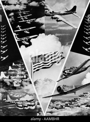 1940s WORLD WAR II VICTORY IN THE AIR MONTAGE IN SHAPE OF VEE WITH AMERICAN FLAG IN CENTER OF AVIATION MOTIF OF MILITARY Stock Photo