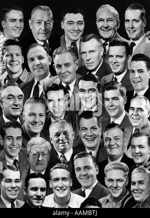 1950s 1960s MONTAGE OF 29 MEN'S HEADS ALL ARE SMILING Stock Photo