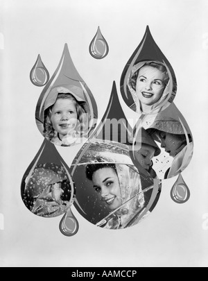1950s 1960s RAIN MOTIF MONTAGE WITH SMILING FACES IN RAIN GEAR SUPERIMPOSED INSIDE RAINDROPS Stock Photo