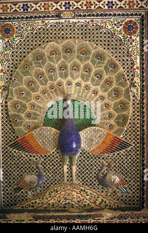 PEACOCK PLAQUE CITY PALACE UDAIPUR INDIA Stock Photo
