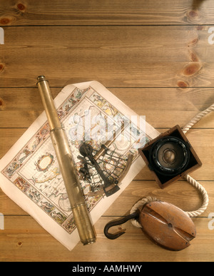 BRASS TELESCOPE MAP MARITIME NAUTICAL Stock Photo