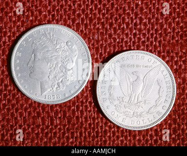 FRONT BACK HEADS TAILS BOTH SIDES RETRO UNITED STATES AMERICA SILVER DOLLAR COIN DATED 1878 EAGLE LIBERTY IN GOD WE TRUST Stock Photo