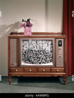 1960s LARGE CONSOLE TELEVISION WITH BLACK AND WHITE SCREEN IMAGE AND VASE OF FLOWERS ON TOP NOSTALGIA Stock Photo