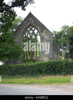 A view of the east window of the ruins of the Church of St Mary at Tivetshall St Mary, Norfolk, England, United Kingdom, Europe.