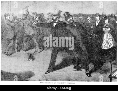 JULY 2 1881 SHOOTING OF PRESIDENT JAMES ABRAM GARFIELD BY ASSASSIN CHARLES GUITEAU ILLUSTRATION Stock Photo