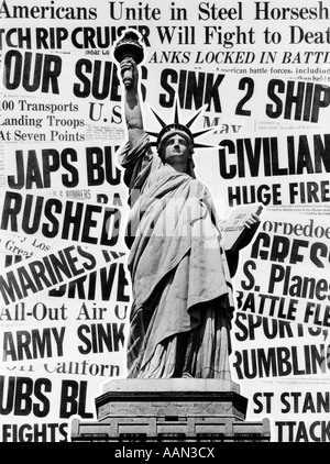 1940s MONTAGE OF WORLD WAR II HEADLINES AND STATUE OF LIBERTY Stock Photo