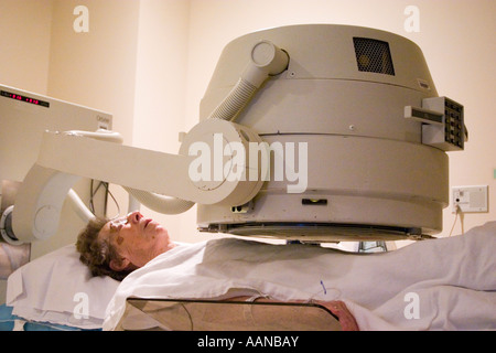 Patient age 93 having medical gallbladder duct test with HIDA and nuclear scanner. U of M Hospital Minneapolis Minnesota USA Stock Photo