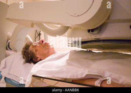 Patient age 93 having medical gallbladder duct test with HIDA and nuclear scanner. U of M Hospital Minneapolis Minnesota USA Stock Photo