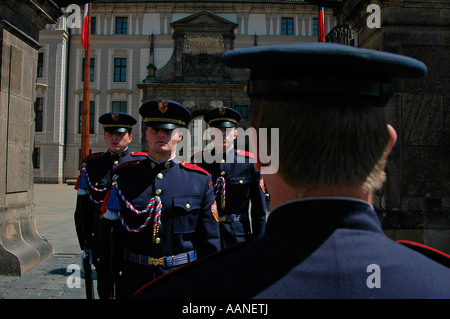 Castle guard marching during changing of guards process at the main entrance to Prague Castle in Czech republic