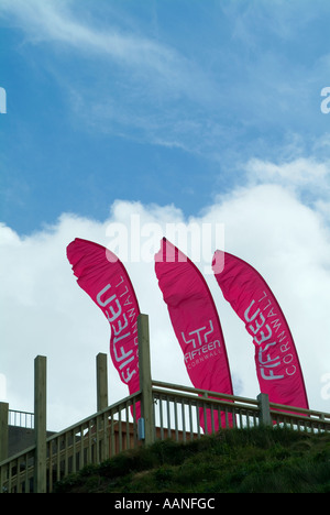 Flags outside Jamie Oliver's Fifteen restaurant at Watergate Bay Cornwall Stock Photo