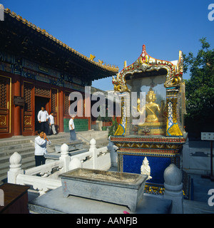 Worshippers at the Tibetan Buddhist glass encased shrine with mosaic detail in The Lama Temple Beijing China Stock Photo
