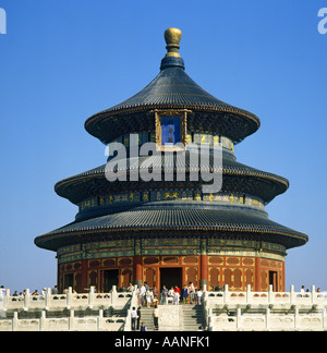 The round three-tiered steeple of the Hall of Prayer for Good Harvest at the Temple of Heaven at Beijing China Stock Photo