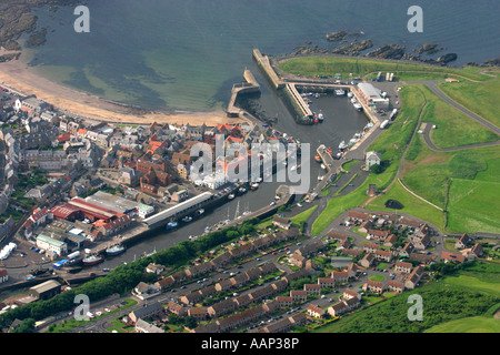 Aerial view of Eyemouth harbour and town centre, Berwickshire, Scotland ...