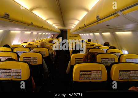 Passenger safety instructions on head rest in interior of Boeing 737 aircraft Ryanair Stock Photo