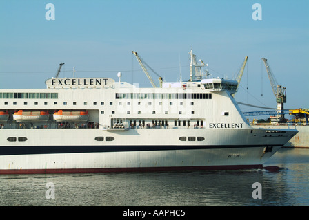 Palermo Sicily port installations bow view of ferry Excellent departing passengers on decks Stock Photo