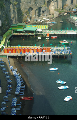 Sorrento coastal resort view looking down on waterside sunbathing shoreline & facilities before the daily influx of sun worshipers arrive from hotels Stock Photo