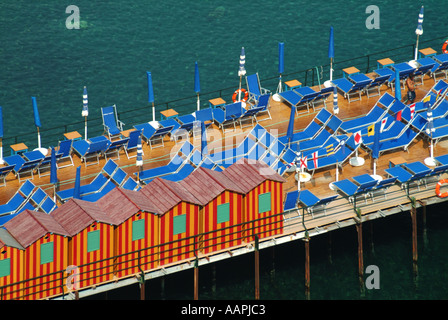 Sorrento coastal resort close up view looking down on part of waterside sunbathing facilities before the daily influx of sun worshipers arrive Stock Photo