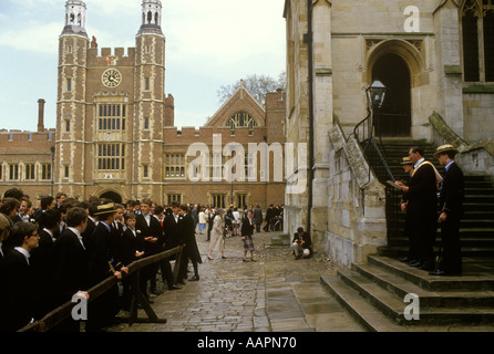 Eton College 4th of June celebrations Headteacher o=on steps in the school Quadrangle calling Absence - a Roll Call. 1980s UK. Windsor HOMER SYKES Stock Photo