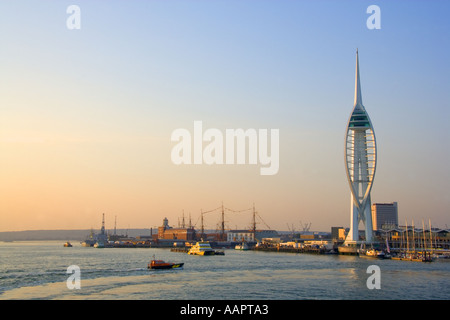 Portsmouth Millennium Spinnaker Tower and Historic Dockyard with HMS Victory and HMS Warrior at dusk on 27 June 2005. JMH1001 Stock Photo