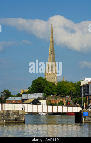 Prince Street swing Bridge and the spire of St Mary Redcliffe church in Bristol, England.