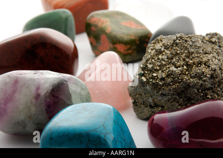 Colorful gemstones gem stones Turquoise Agate Pyrite Fluorite Rose quartz Red jasper Unakite Aventurine Calcite Stock Photo