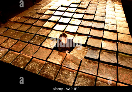 Gold panels glow in an art installation by Japanese Sculptor Teruyoshi Yoshida Stock Photo