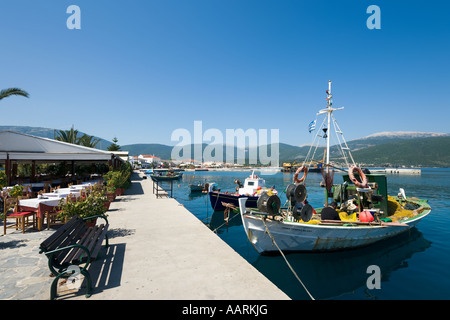 Seafront Taverna, Fishing Boats and Promenade, Sami, Kefalonia, Ionian Islands, Greece Stock Photo