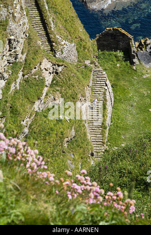 dh WHALIGOE CAITHNESS Man walking down steep stone steps to cove harbour seacliff scotland coast dh WHALIGOE CAITHNESS Man walking down steep stone steps to cove harbour seacliff scotland coast