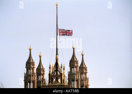 Union Flag at half mast over the Palaces of Westminster 7th April 2002 London Stock Photo