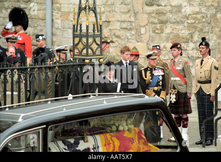 Members of the Royal Family follow the Queen Mothers coffin on route to Westminster Abbey 9th April 2002 London Stock Photo