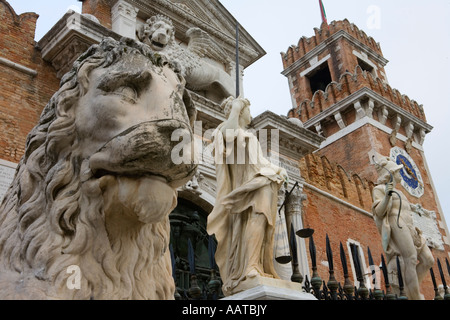 Venice Italy The Arsenale Castello district ancient Lion sculptures guarding the entrance Stock Photo