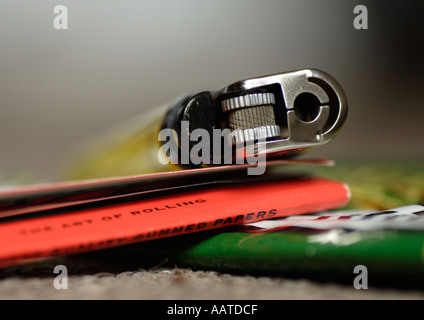 lighter cigarette papers and tobacco close up Stock Photo