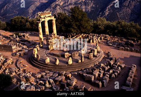 Tholos of Delphi -  ancient structures of the Sanctuary of Athena Pronaia in Delphi, circular temple, 7th century BC, Greek Greece, Stock Photo