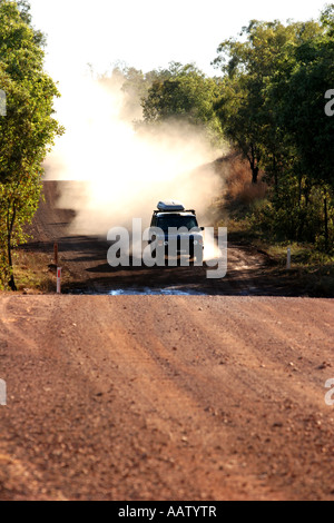 Typical dusty driving scene on the Gibb River Road, Kimberley Region, Western Australia Stock Photo