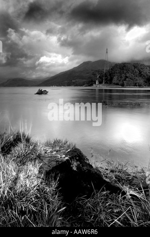 High contrast monochrome late evening view of southern end of Loch Etive near Bonawe Taynuilt in the Scottish Highlands Stock Photo