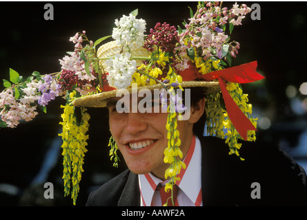 Eton school college parents day, Fourth 4th of June boy wearing traditional floral straw boater. Windsor Berkshire 1980s 1985 UK HOMER SYKES Stock Photo