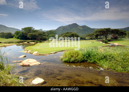 The ninth hole of the Gary Player golf course at the Sun City resort in South Africa. Stock Photo