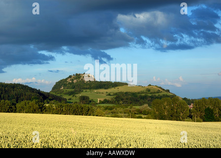 The Hohentwiel and the hegau-landscape in the evening light - Baden Wuerttemberg, Germany, Europe. Stock Photo