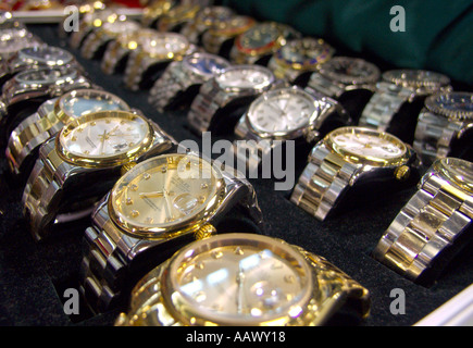 Fake luxury Rolex watches on display in the new Silk Street shopping Mall in Beijing 2005 Stock Photo