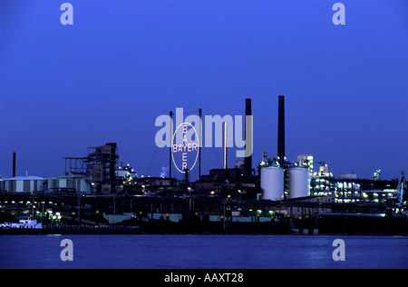 Bayer chemical plant on the banks of the river Rhine, Leverkusen, North Rhine-Westphalia, Germany. Stock Photo
