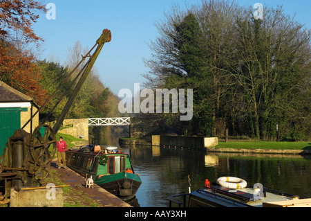 Boats crane waterway 'Brass Knocker Basin' [Kennet and Avon] canal Somersetshire Coal canal Monkton Combe Bath Stock Photo