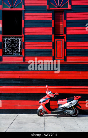 Ponce, Puerto Rico FIRESTATION museum, red and black strips, red and black motercycle, moterbike Stock Photo