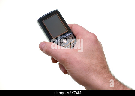 Hand holding a mobile phone isolated on white Stock Photo
