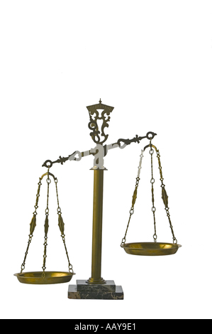 Unbalanced Antique Brass scales of justice  on white background Stock Photo
