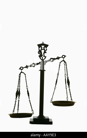 Balanced antique brass scales of justice on a white background Stock Photo