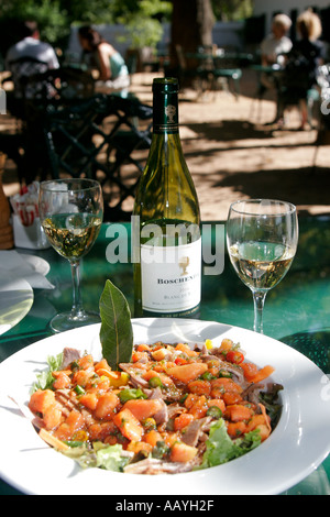 south africa Boschendahl winery founded by hugenots table with lunch of salat and white wine Stock Photo