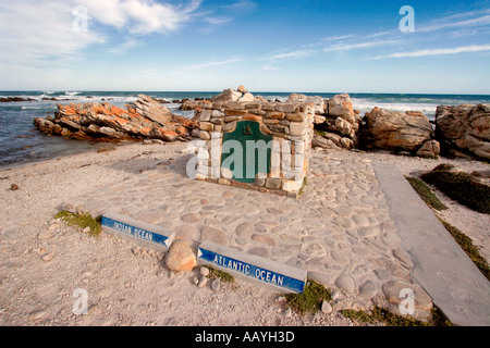 south africa cape agulhas sothermost point of africa indian ocean left hand side atlantic ocean right hand side Stock Photo