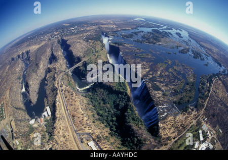 Aerial view of Victoria Falls and the Zambezi River at the border of Zimbabwe and Zambia Stock Photo